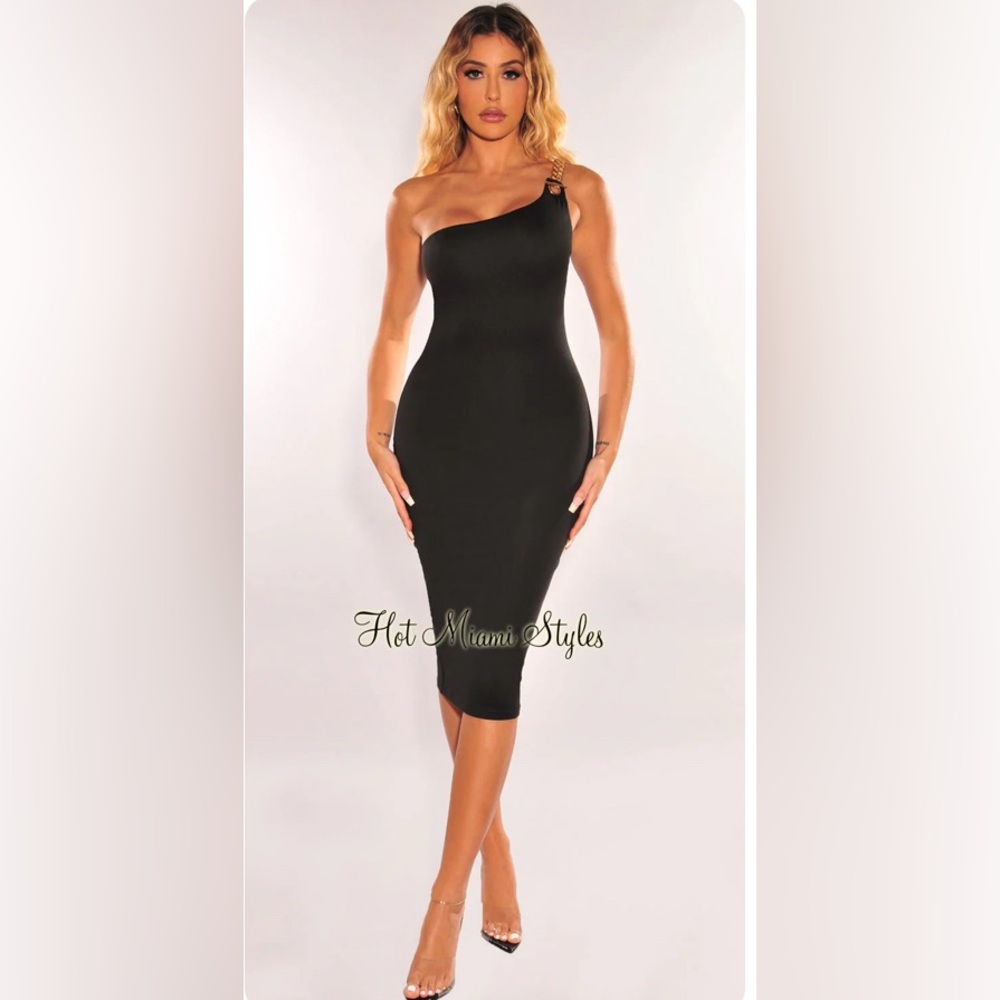 Hot Miami Styles Black One-Shoulder Midi Dress w/Chain Detail Size M-Worn Once🖤